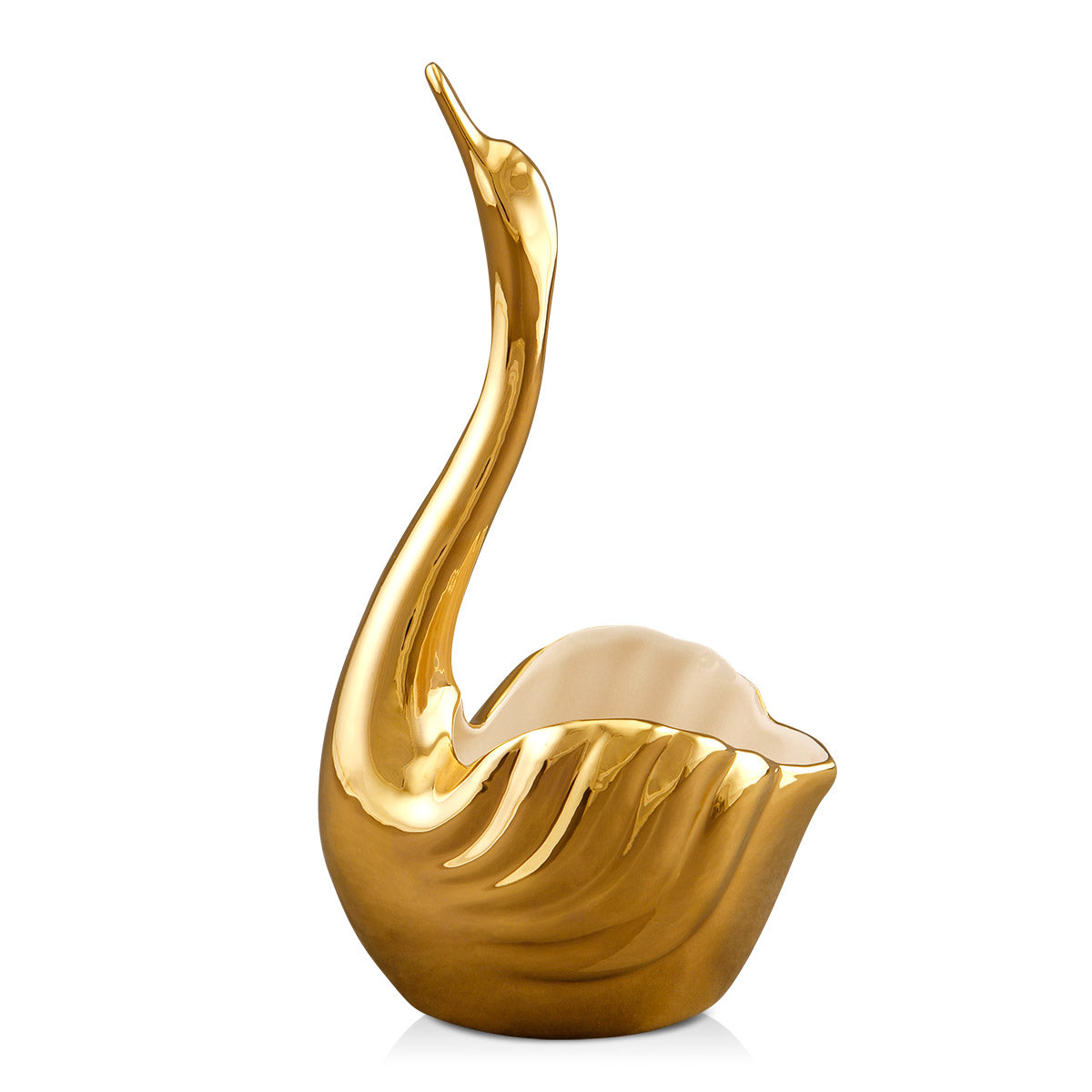 Cigno collo lungo a vaso in ceramica h25 colore Avorio con dettagli Oro