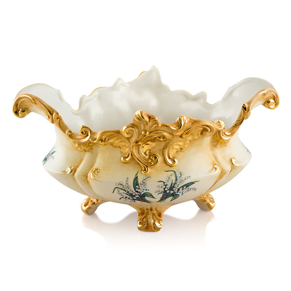 Centrotavola Vaschetta stile '700 35x17 in ceramica colore Bianco Oro con disegni Mughetto applicati