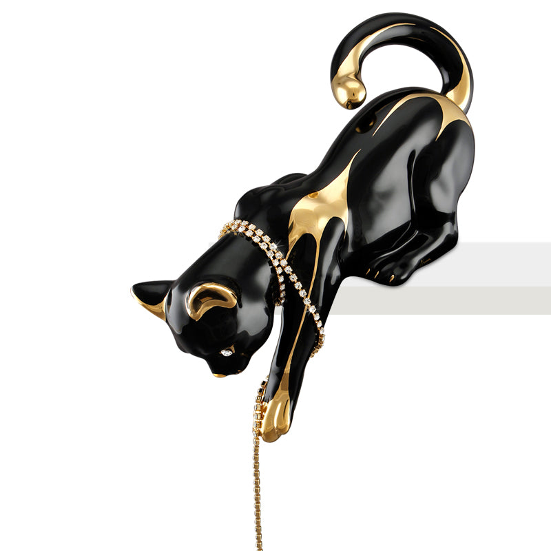 Gatto mensola coda alta h31 in ceramica colore Nero Oro con cristalli Swa e catena