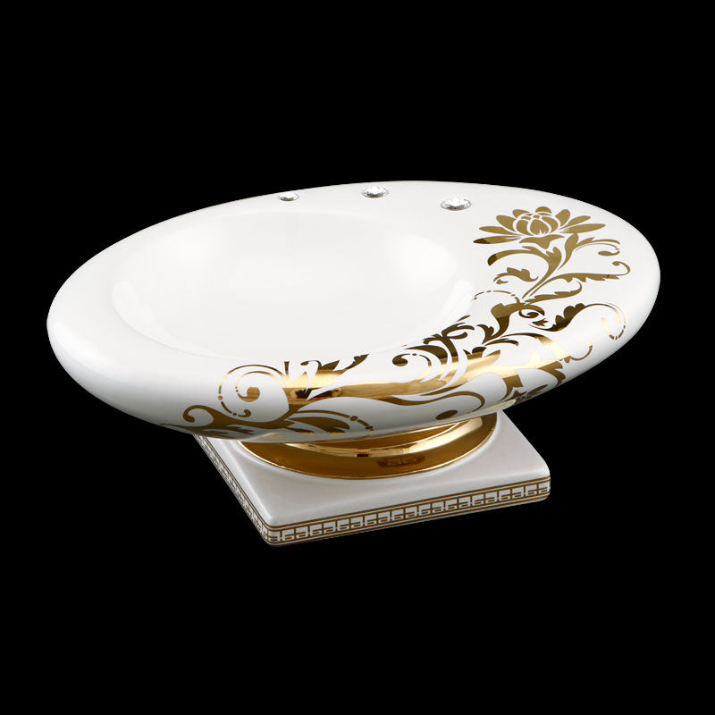 Posacenere o vuotatasche Ovale 25x9 in ceramica colore bianco con disegni Rama Oro e cristalli Swa