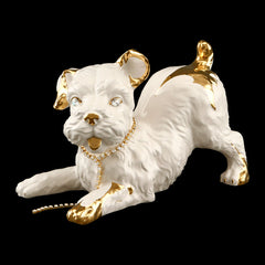 Cane Terrier cucciolo che gioca h16 in ceramica colore Avorio Oro con cristalli Swa
