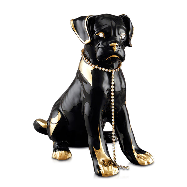 Cane Boxer Testa Diritta h26 in ceramica colore Nero Oro con cristalli Swa e catena