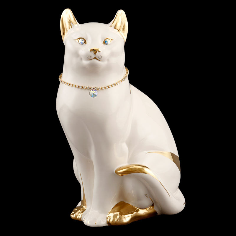 Gatto Soriano Seduto h36 in ceramica colore Avorio Oro con cristalli Swa e catena