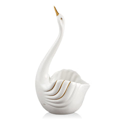 Cigno collo lungo a vaso in ceramica h25 colore Bianco con dettagli Oro
