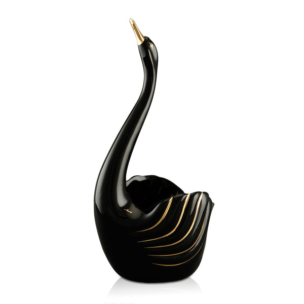Cigno collo lungo a vaso in ceramica h40 colore Nero con dettagli Oro