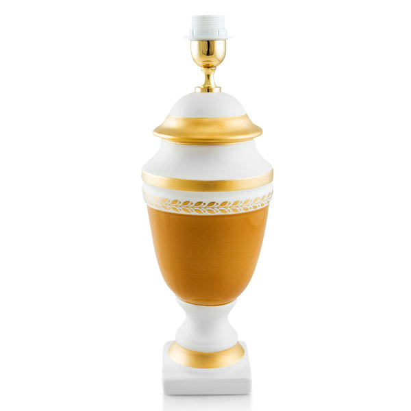 Lampada Arcade S h38 in ceramica colore Bianco Opaco e Cognac e dettagli Oro con disegni Foglia applicati