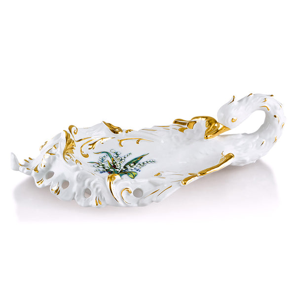 Cigno Centrotavola 54x16 in ceramica colore Bianco Oro con disegni Mughetto applicati