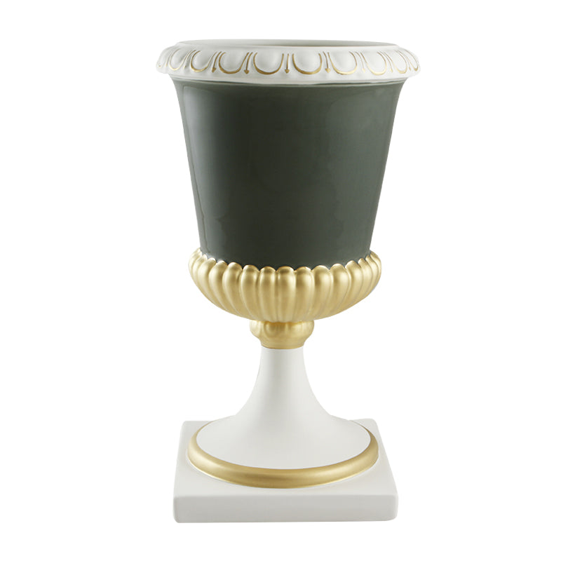 Vaso coppa Vinci h34 in ceramica colore Bianco Opaco e Verde e dettagli Oro