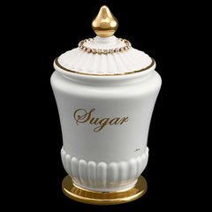 Scatola Barattolo Zucchero h22 e h19 in ceramica colore Bianco Oro, catena e disegno
