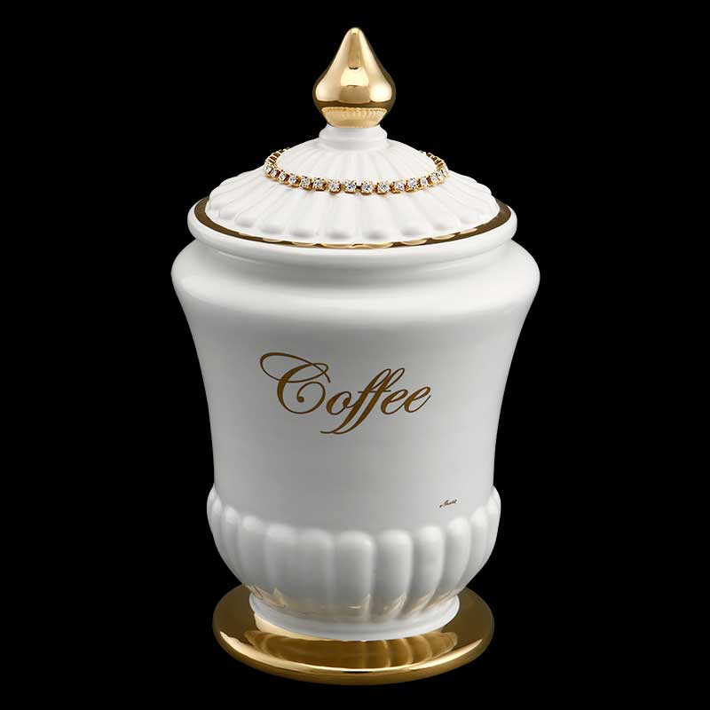 Scatola Barattolo Caffè h22 in ceramica colore Bianco Oro, catena e disegno