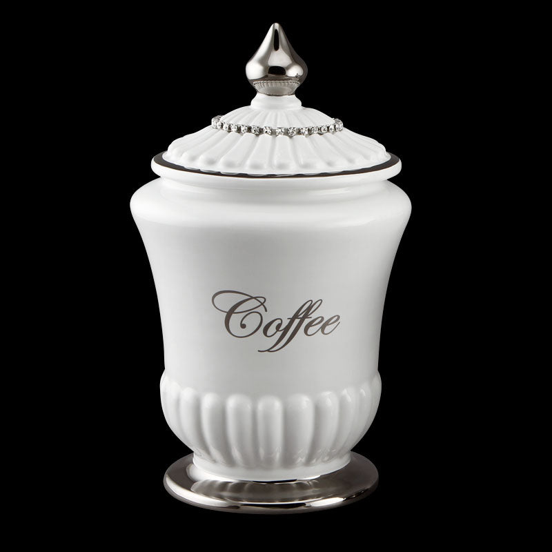 Scatola Barattolo Caffè h22 in ceramica colore Bianco Platino, catena e disegno