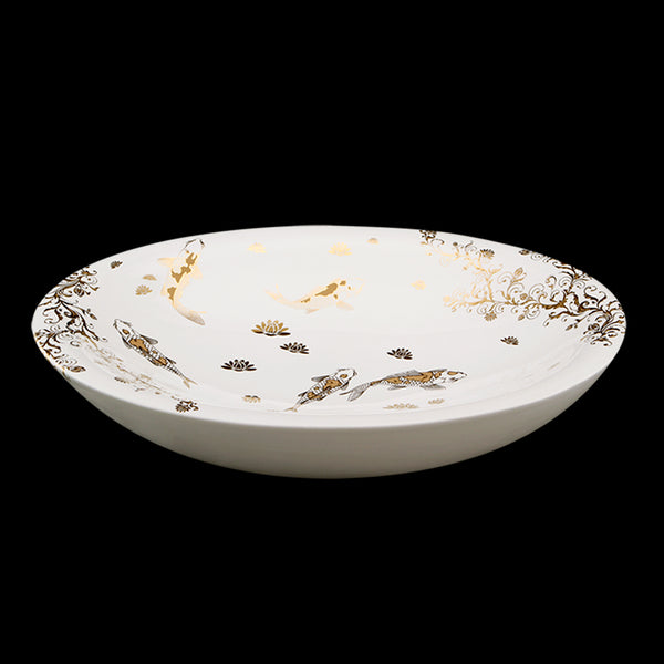 Centrotavola Ovale 51x38 in ceramica colore Bianco con disegni Carpa Oro