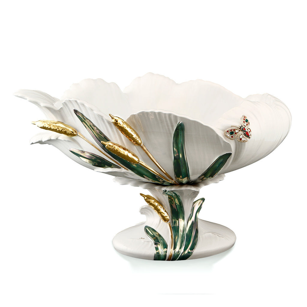 Centrotavola Vaso Ovale Vento 57x38 in ceramica colore Bianco Oro Verd –