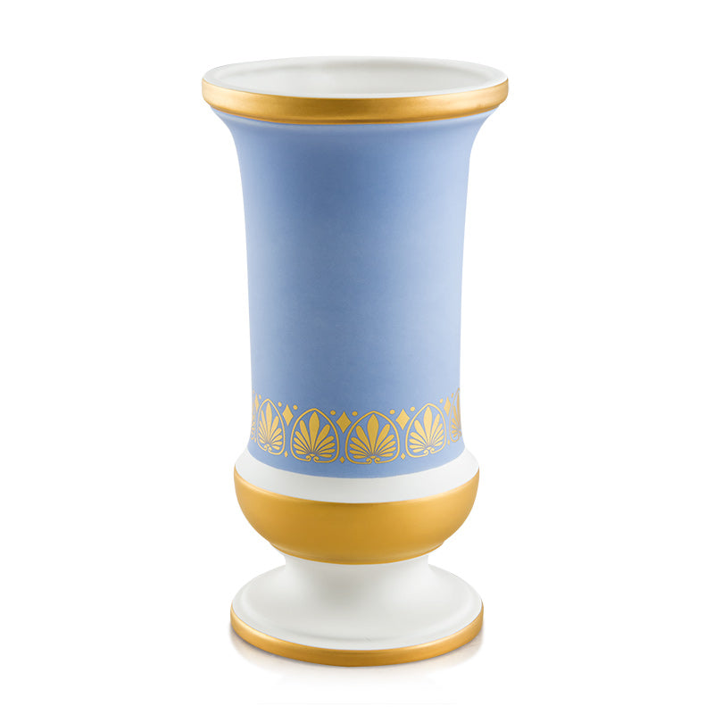 Vaso Michela h31 in ceramica colore Bianco Opaco e Azzurro, dettagli Oro e disegni applicati