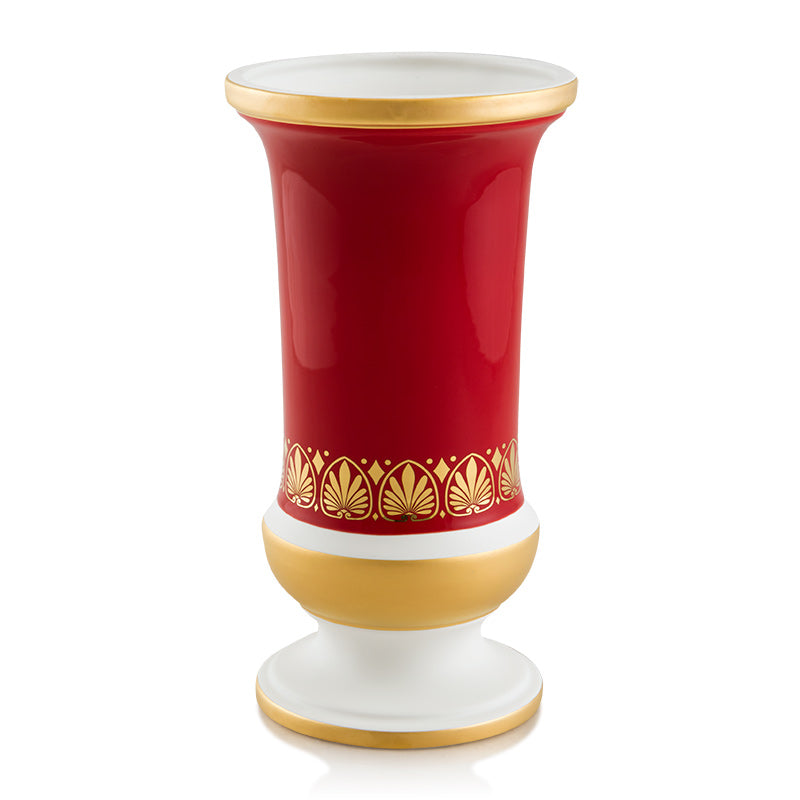 Vaso Michela h31 in ceramica colore Bianco Opaco e Rosso, dettagli Oro e disegni applicati