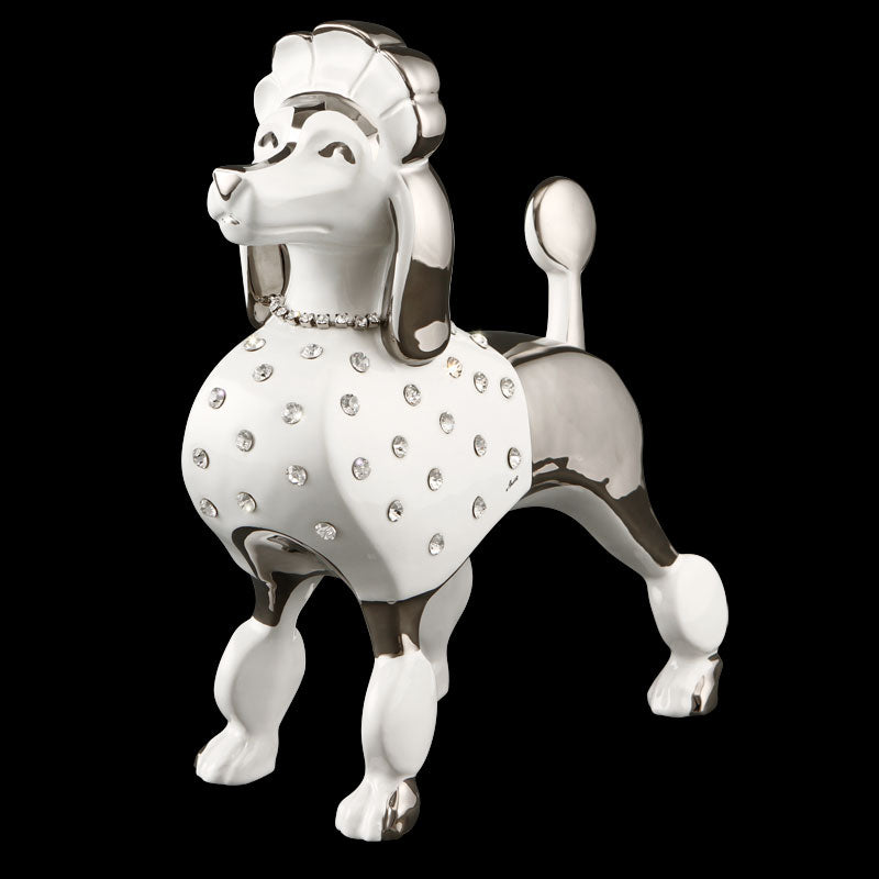 Cane Barboncino in piedi h25 in ceramica colore Bianco Platino con cristalli Swa e catena placcata platino