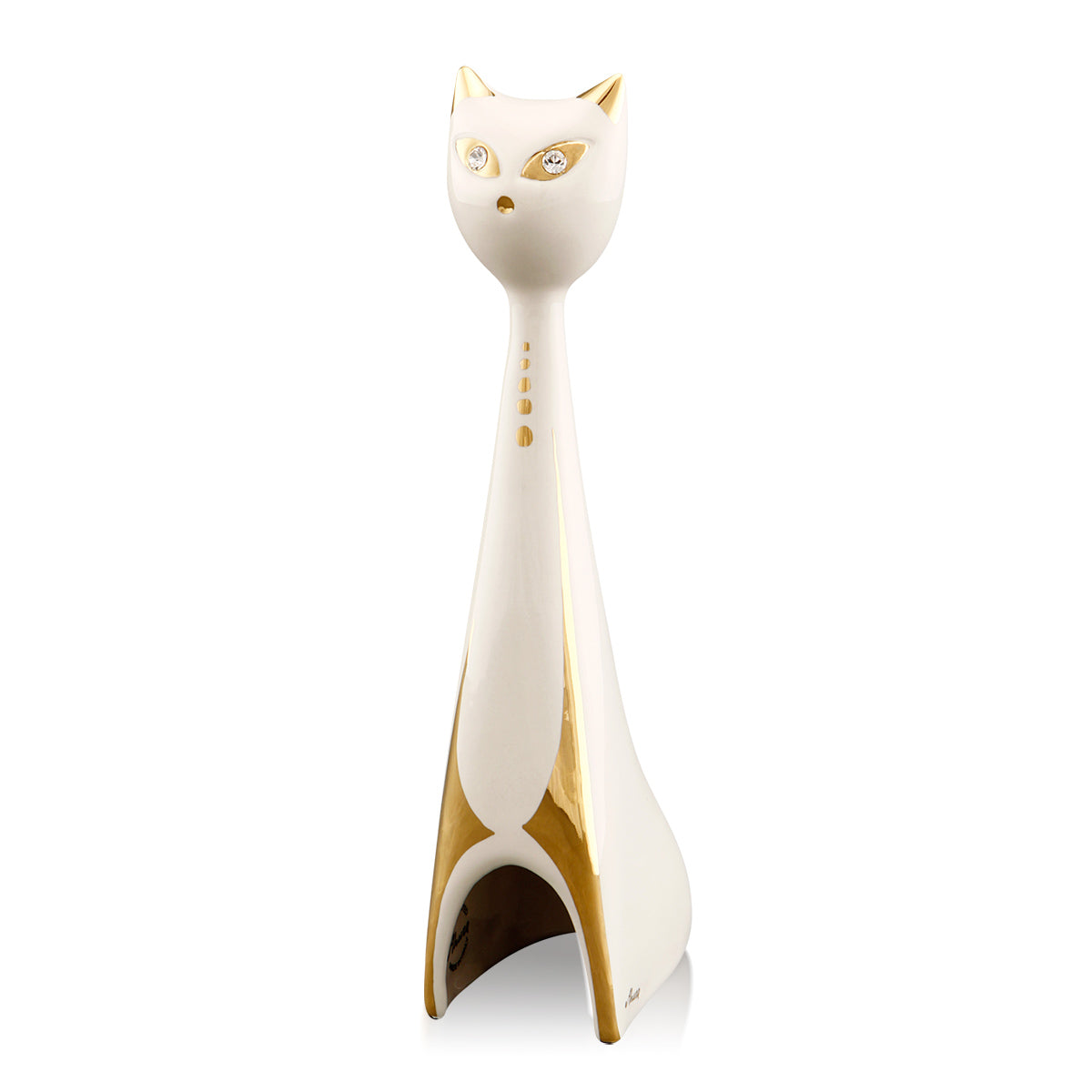 Gatto h20 stilizzato in ceramica colore Avorio Oro con cristalli Swa