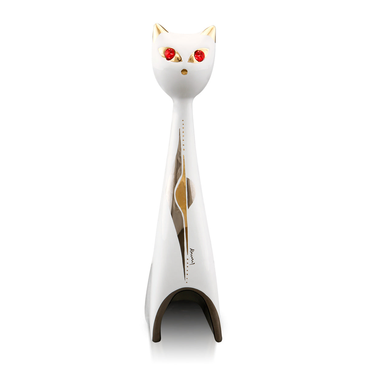 Gatto h20 stilizzato in ceramica colore Bianco Oro e Platino con cristalli Swa